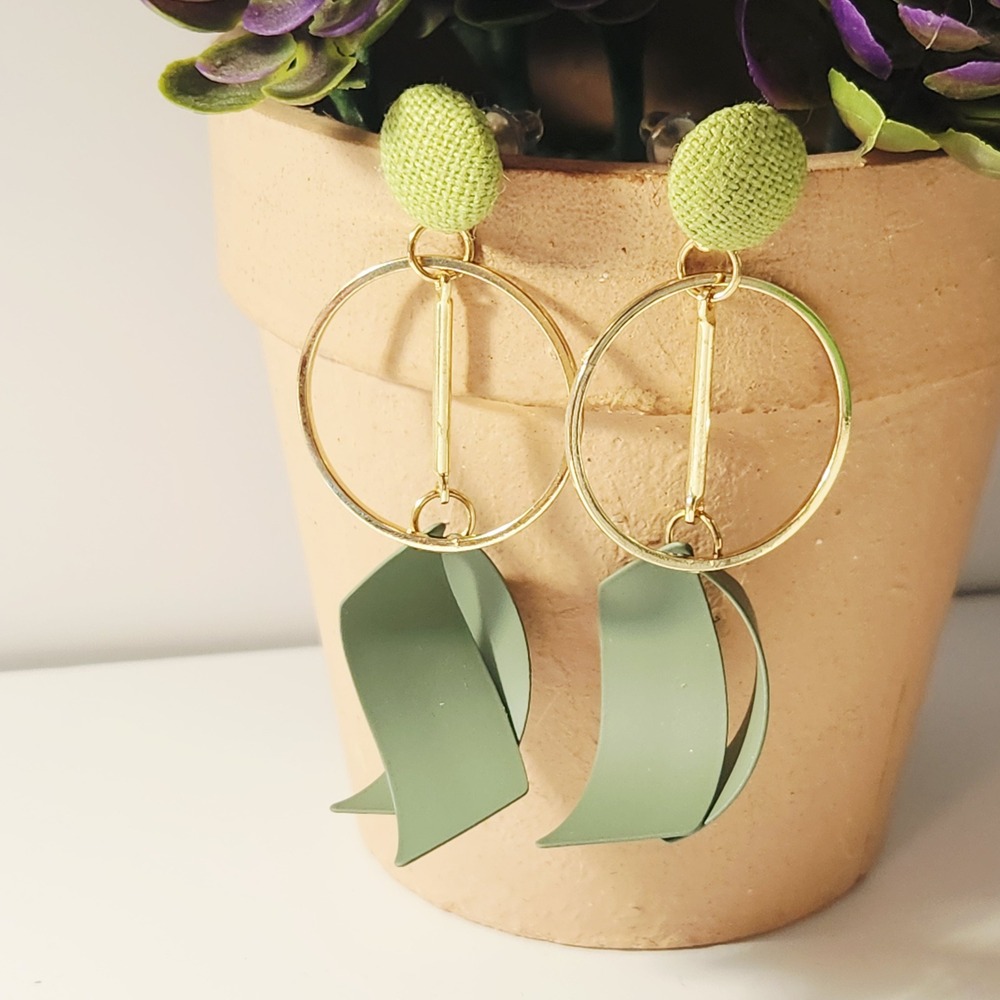 Modern‎ Geometric Drop Earrings Olive Green Gold Tone Fabric Stud Statement
